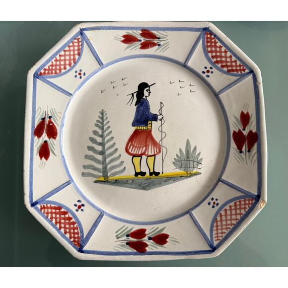 Henriot Quimper Faience Pottery Blue Mistral Breton Man 10” Octagonal Plate - Picture 1 of 9